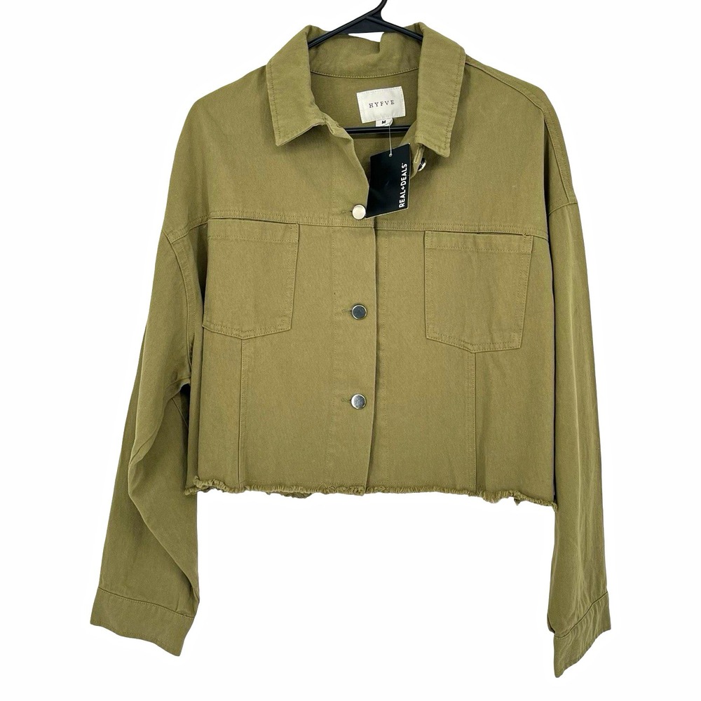 HYFVE Women M Olive Green Cropped Denim Jacket Raw Hem Oversized Utility Shacket